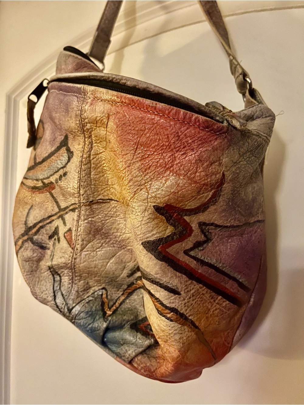 Vintage Abstract Multicolor Leather Shoulder Bag - Hand-Painted Design